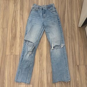 Zara Light Blue Distressed Straight-Leg Jeans